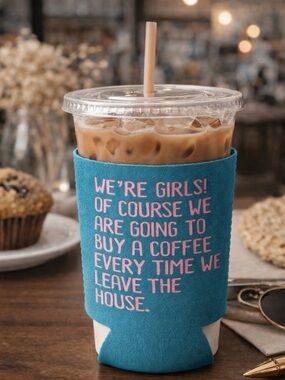 Turquoise Coffee Sleeve with Pink Text